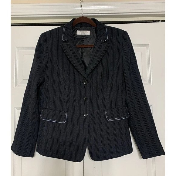 Tahari Arthur S Levine Blazer Jacket Sz 10P Black Striped W Turquoise Career - Picture 1 of 9